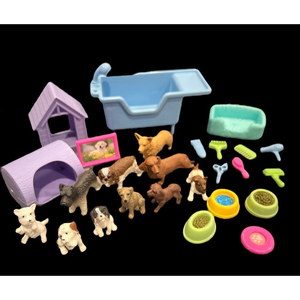 Vintage New Ray My Best Friend Dogs & Accessories Lot, Grooming, Dog Bowls, Cage